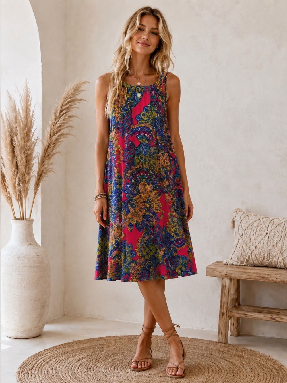 Ivy Lane Sleeveless Midi Dress in Magenta & Blue Floral Paisley